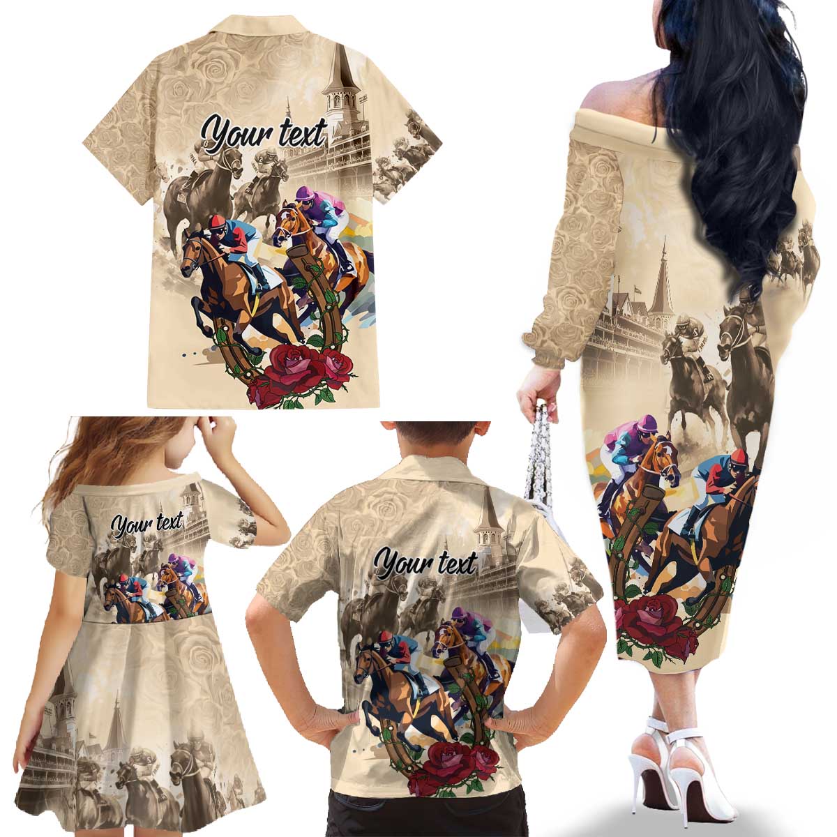 Personalized Kentucky Horse Race Family Matching Off The Shoulder Long Sleeve Dress and Hawaiian Shirt Race for Rosse