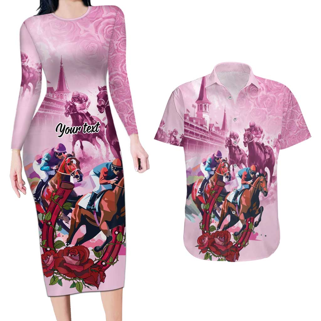 Personalized Kentucky Horse Race Couples Matching Long Sleeve Bodycon Dress and Hawaiian Shirt Pink Out Party