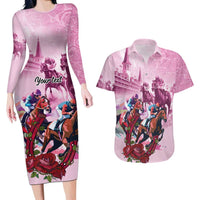 Personalized Kentucky Horse Race Couples Matching Long Sleeve Bodycon Dress and Hawaiian Shirt Pink Out Party