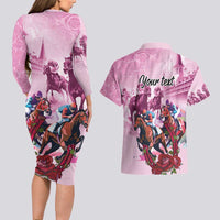 Personalized Kentucky Horse Race Couples Matching Long Sleeve Bodycon Dress and Hawaiian Shirt Pink Out Party