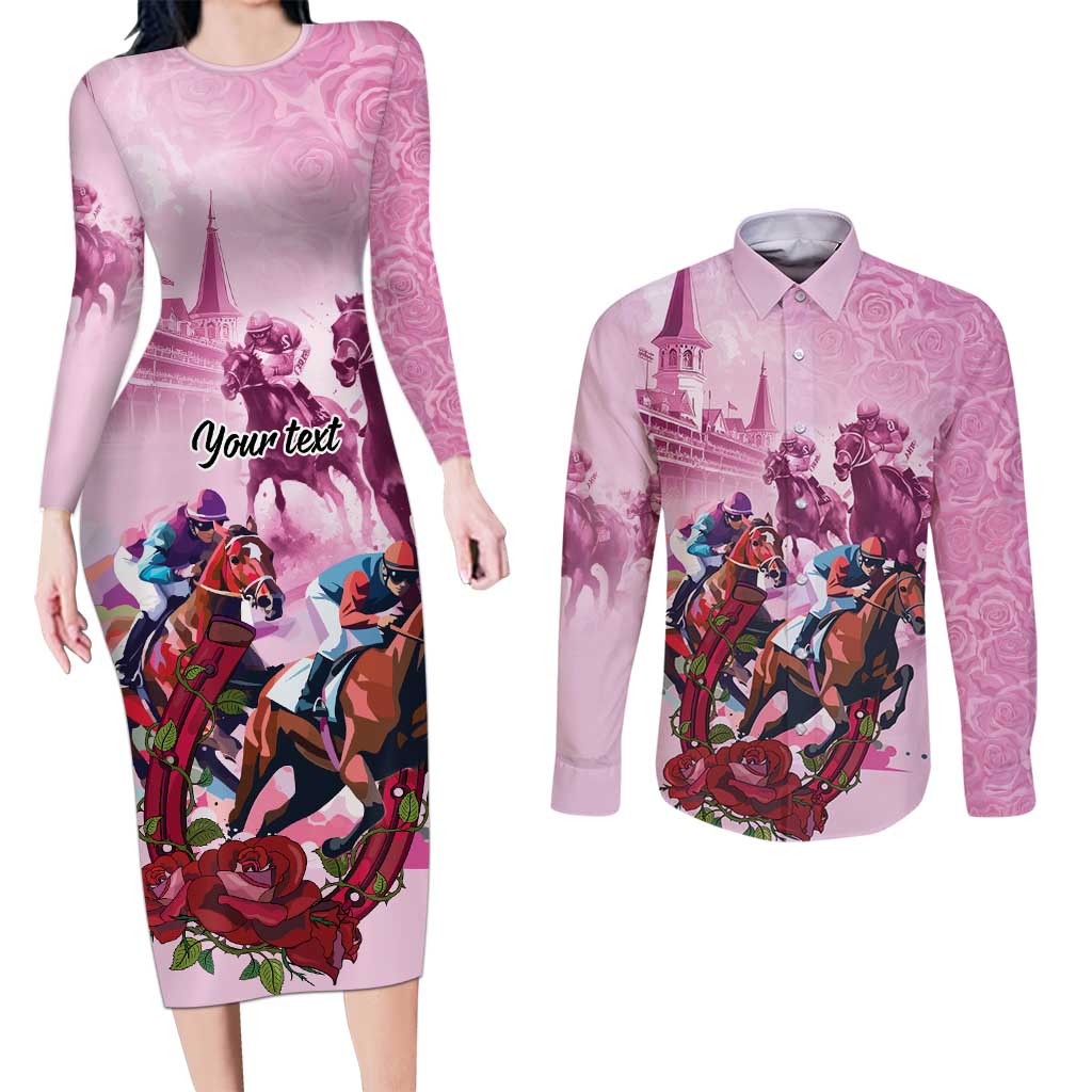 Personalized Kentucky Horse Race Couples Matching Long Sleeve Bodycon Dress and Long Sleeve Button Shirt Pink Out Party