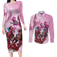 Personalized Kentucky Horse Race Couples Matching Long Sleeve Bodycon Dress and Long Sleeve Button Shirt Pink Out Party