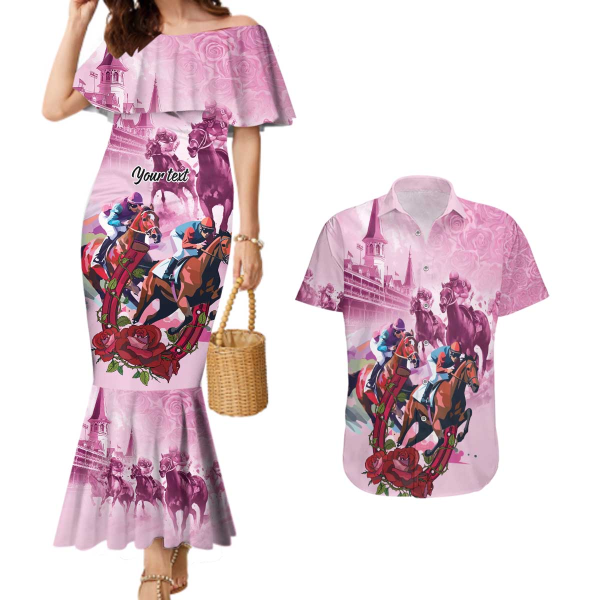 Personalized Kentucky Horse Race Couples Matching Mermaid Dress and Hawaiian Shirt Pink Out Party
