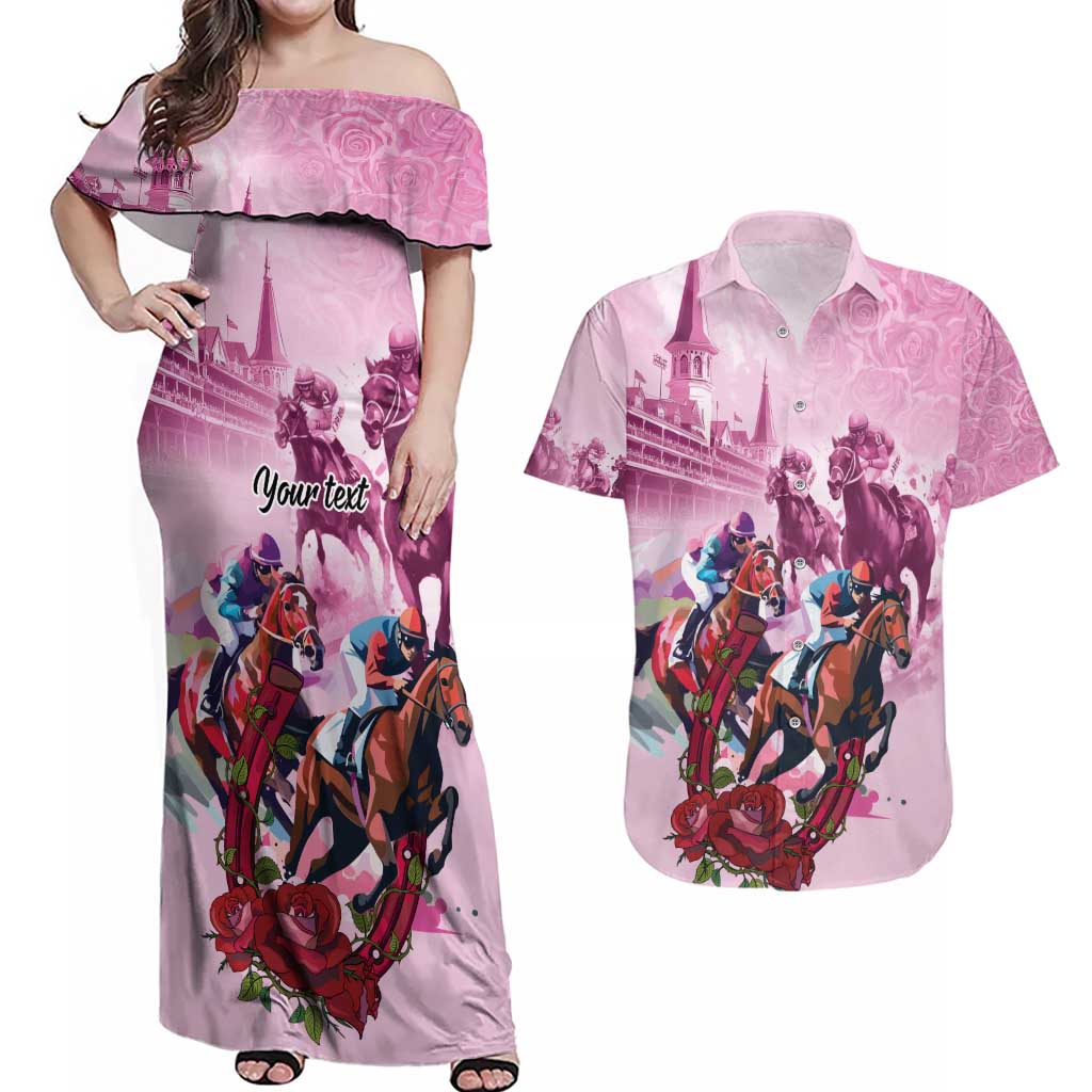 Personalized Kentucky Horse Race Couples Matching Off Shoulder Maxi Dress and Hawaiian Shirt Pink Out Party