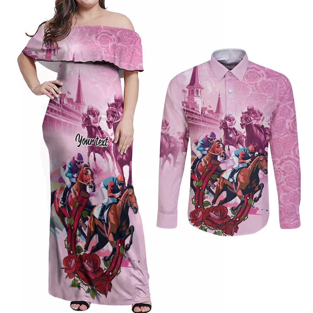 Personalized Kentucky Horse Race Couples Matching Off Shoulder Maxi Dress and Long Sleeve Button Shirt Pink Out Party