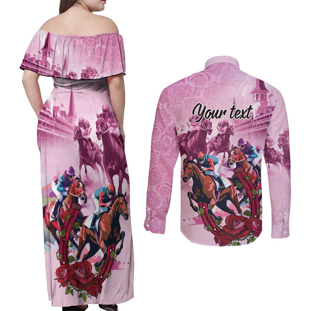 Personalized Kentucky Horse Race Couples Matching Off Shoulder Maxi Dress and Long Sleeve Button Shirt Pink Out Party