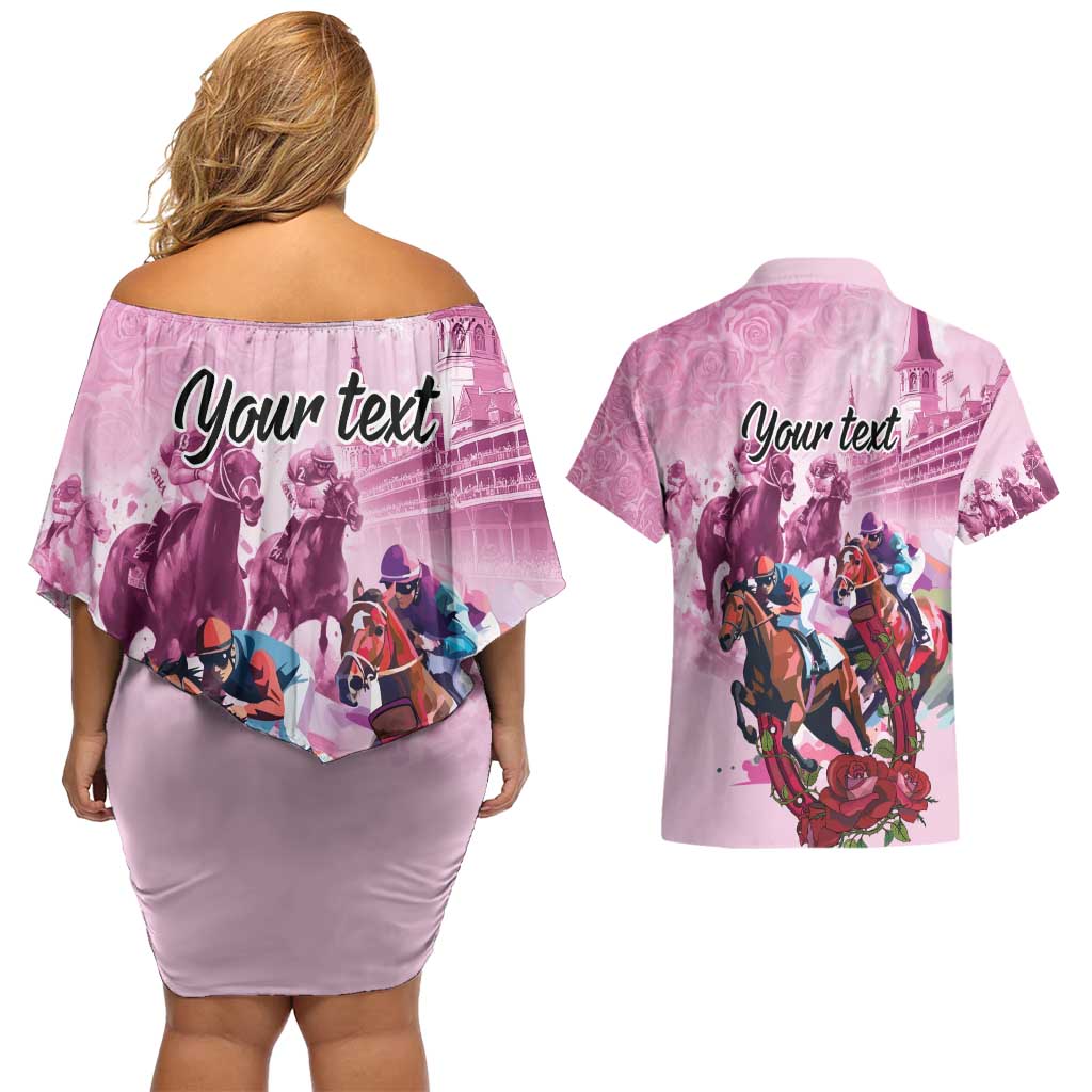 Personalized Kentucky Horse Race Couples Matching Off Shoulder Short Dress and Hawaiian Shirt Pink Out Party