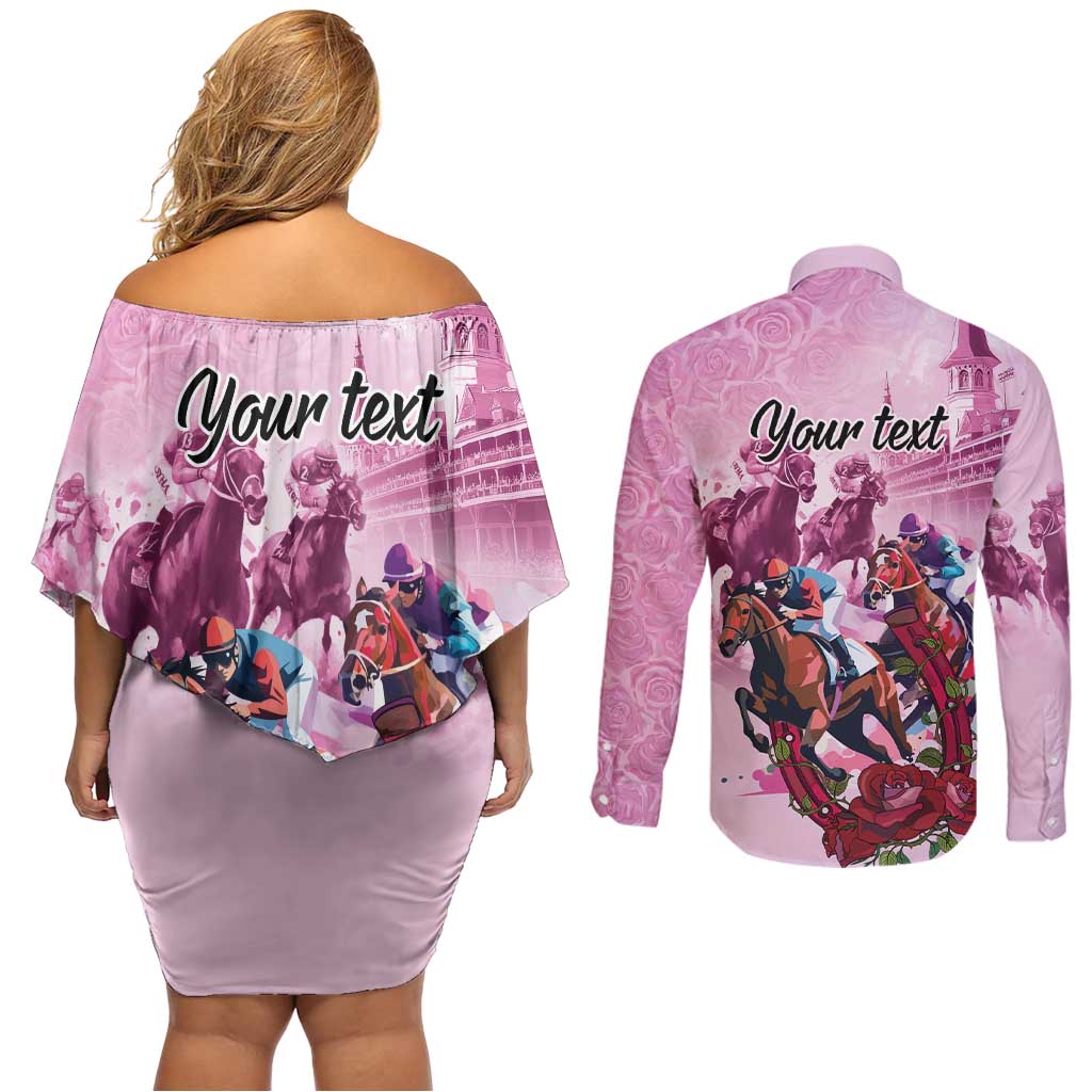Personalized Kentucky Horse Race Couples Matching Off Shoulder Short Dress and Long Sleeve Button Shirt Pink Out Party