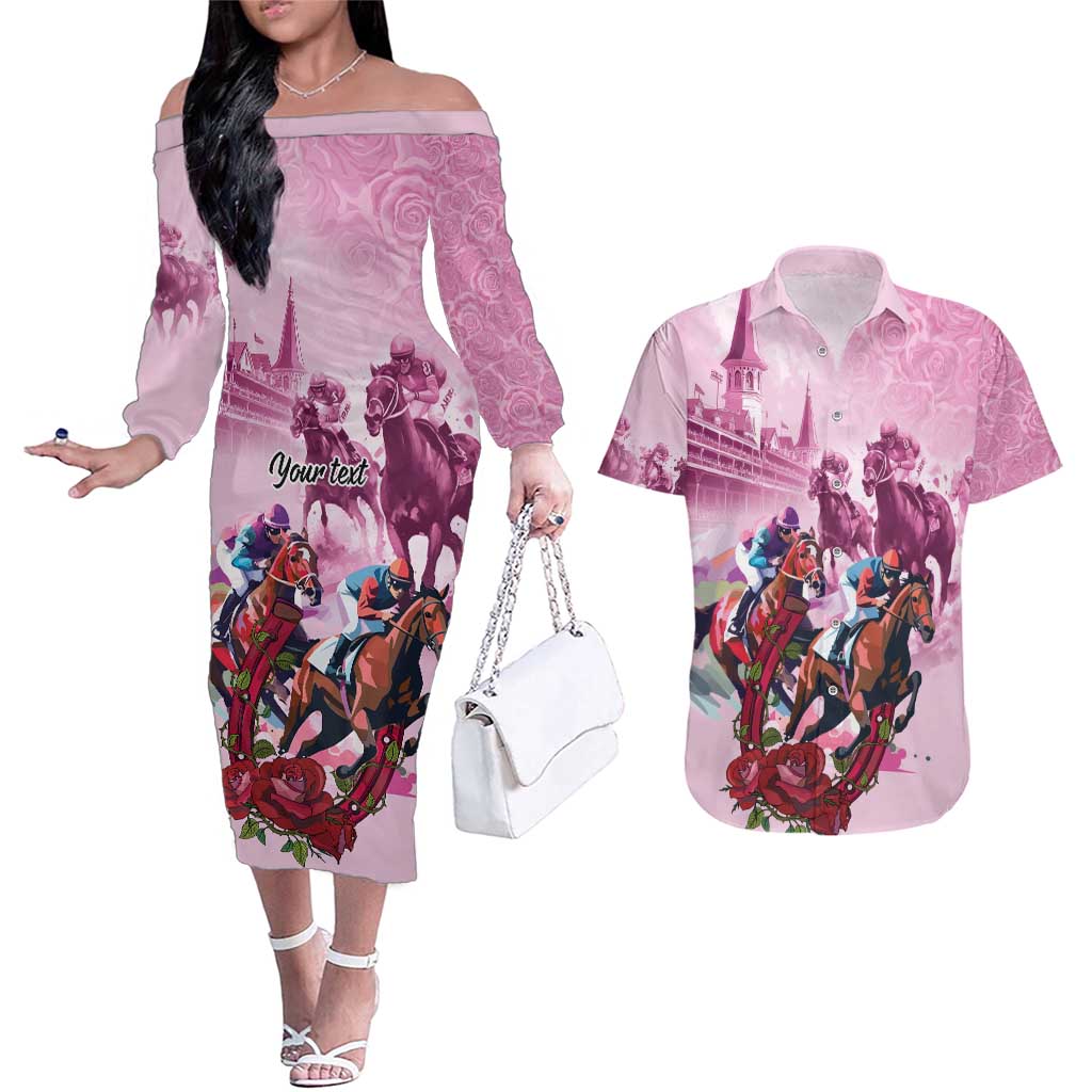 Personalized Kentucky Horse Race Couples Matching Off The Shoulder Long Sleeve Dress and Hawaiian Shirt Pink Out Party