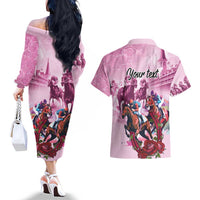Personalized Kentucky Horse Race Couples Matching Off The Shoulder Long Sleeve Dress and Hawaiian Shirt Pink Out Party