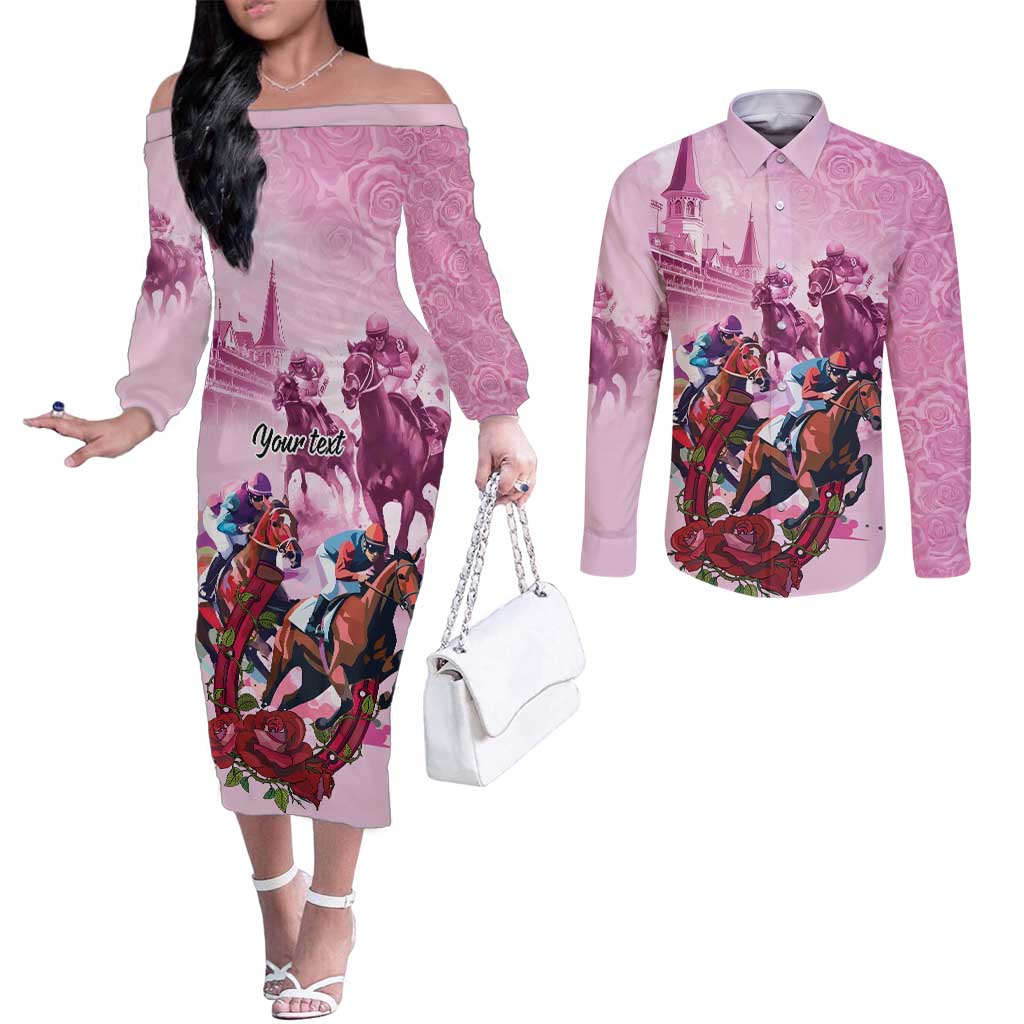 Personalized Kentucky Horse Race Couples Matching Off The Shoulder Long Sleeve Dress and Long Sleeve Button Shirt Pink Out Party