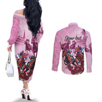 Personalized Kentucky Horse Race Couples Matching Off The Shoulder Long Sleeve Dress and Long Sleeve Button Shirt Pink Out Party