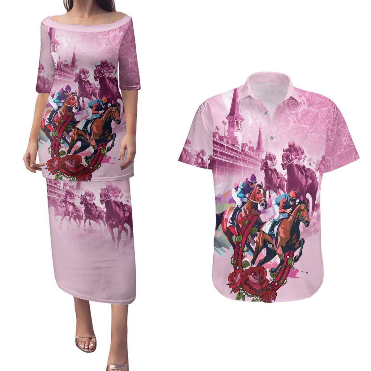 Personalized Kentucky Horse Race Couples Matching Puletasi and Hawaiian Shirt Pink Out Party