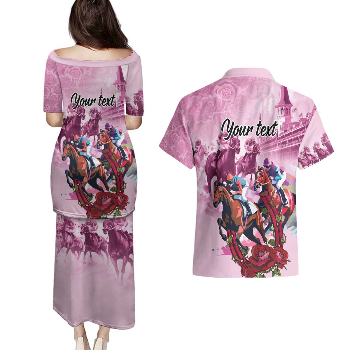 Personalized Kentucky Horse Race Couples Matching Puletasi and Hawaiian Shirt Pink Out Party