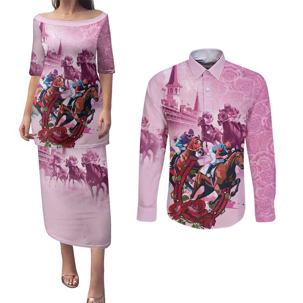 Personalized Kentucky Horse Race Couples Matching Puletasi and Long Sleeve Button Shirt Pink Out Party