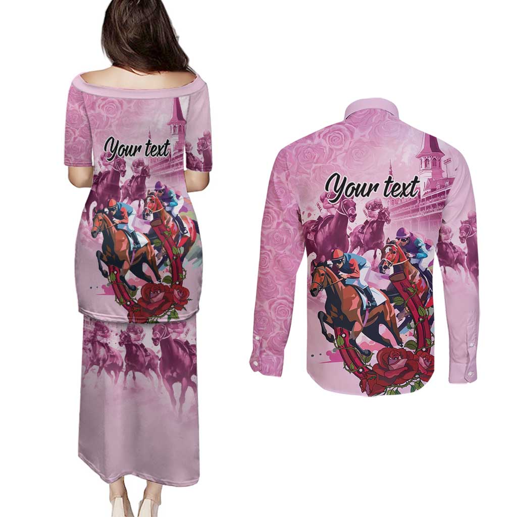 Personalized Kentucky Horse Race Couples Matching Puletasi and Long Sleeve Button Shirt Pink Out Party