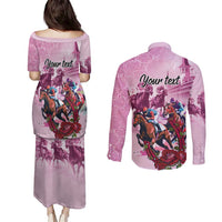 Personalized Kentucky Horse Race Couples Matching Puletasi and Long Sleeve Button Shirt Pink Out Party