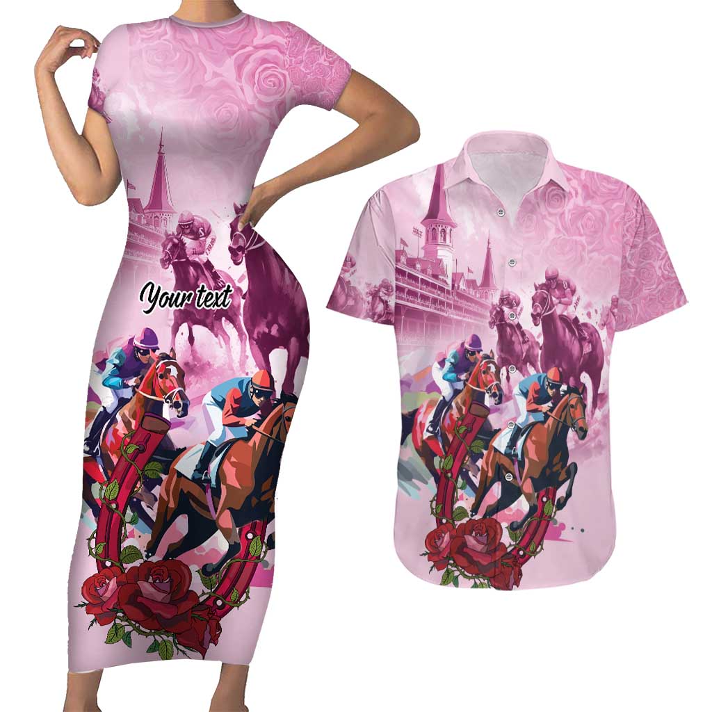 Personalized Kentucky Horse Race Couples Matching Short Sleeve Bodycon Dress and Hawaiian Shirt Pink Out Party