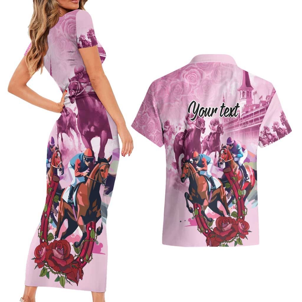 Personalized Kentucky Horse Race Couples Matching Short Sleeve Bodycon Dress and Hawaiian Shirt Pink Out Party