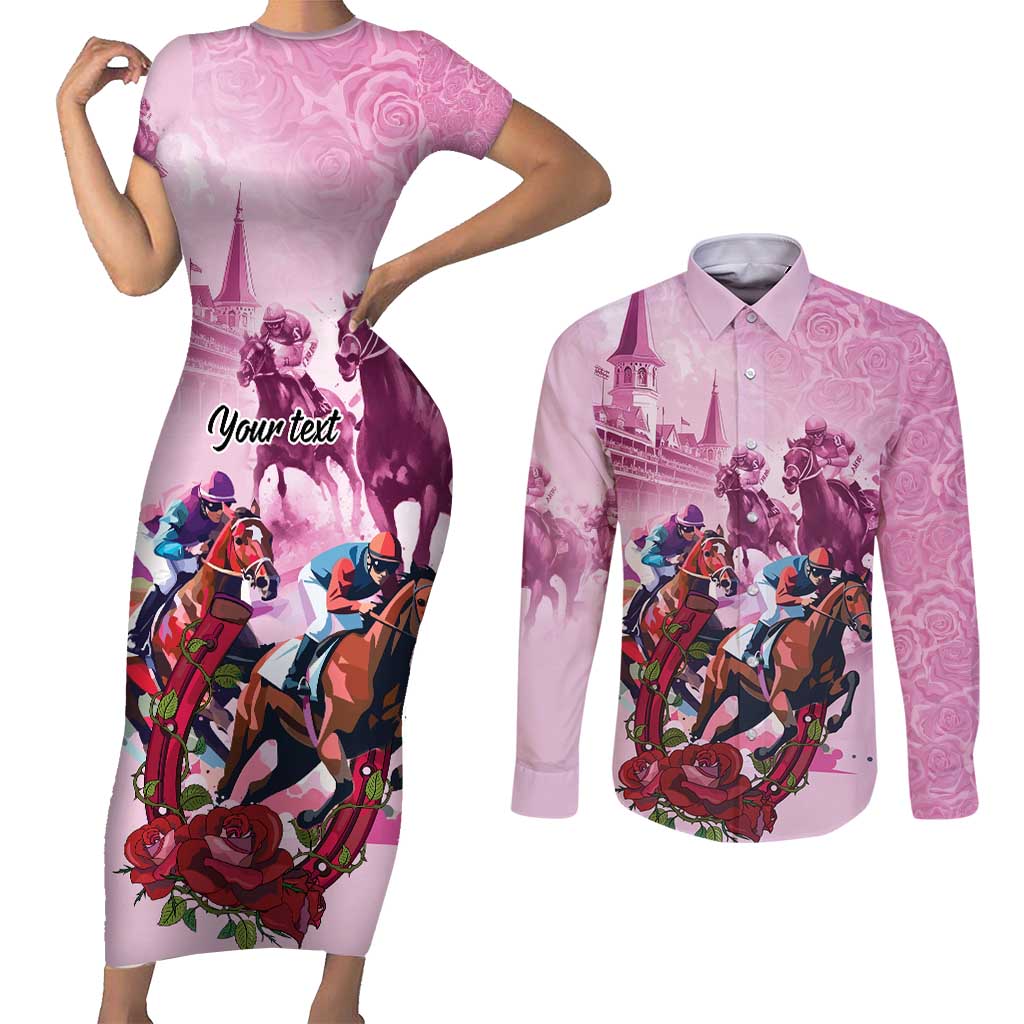 Personalized Kentucky Horse Race Couples Matching Short Sleeve Bodycon Dress and Long Sleeve Button Shirt Pink Out Party