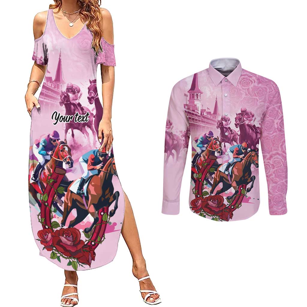 Personalized Kentucky Horse Race Couples Matching Summer Maxi Dress and Long Sleeve Button Shirt Pink Out Party