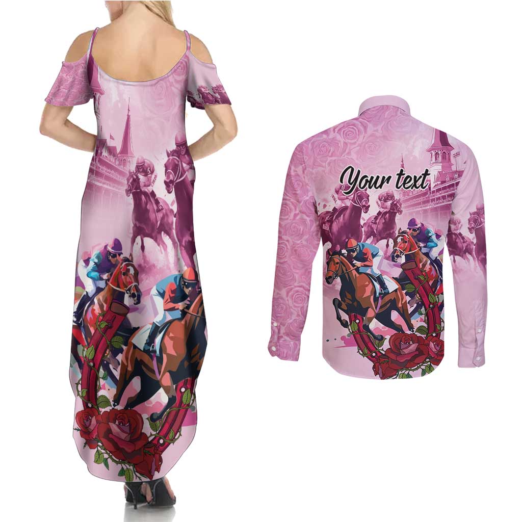 Personalized Kentucky Horse Race Couples Matching Summer Maxi Dress and Long Sleeve Button Shirt Pink Out Party