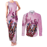 Personalized Kentucky Horse Race Couples Matching Tank Maxi Dress and Long Sleeve Button Shirt Pink Out Party