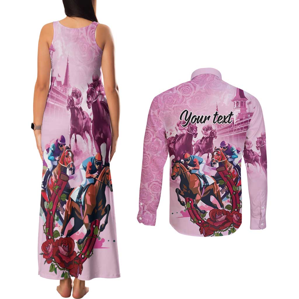Personalized Kentucky Horse Race Couples Matching Tank Maxi Dress and Long Sleeve Button Shirt Pink Out Party