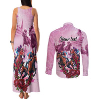 Personalized Kentucky Horse Race Couples Matching Tank Maxi Dress and Long Sleeve Button Shirt Pink Out Party