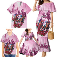 Personalized Kentucky Horse Race Family Matching Mermaid Dress and Hawaiian Shirt Pink Out Party
