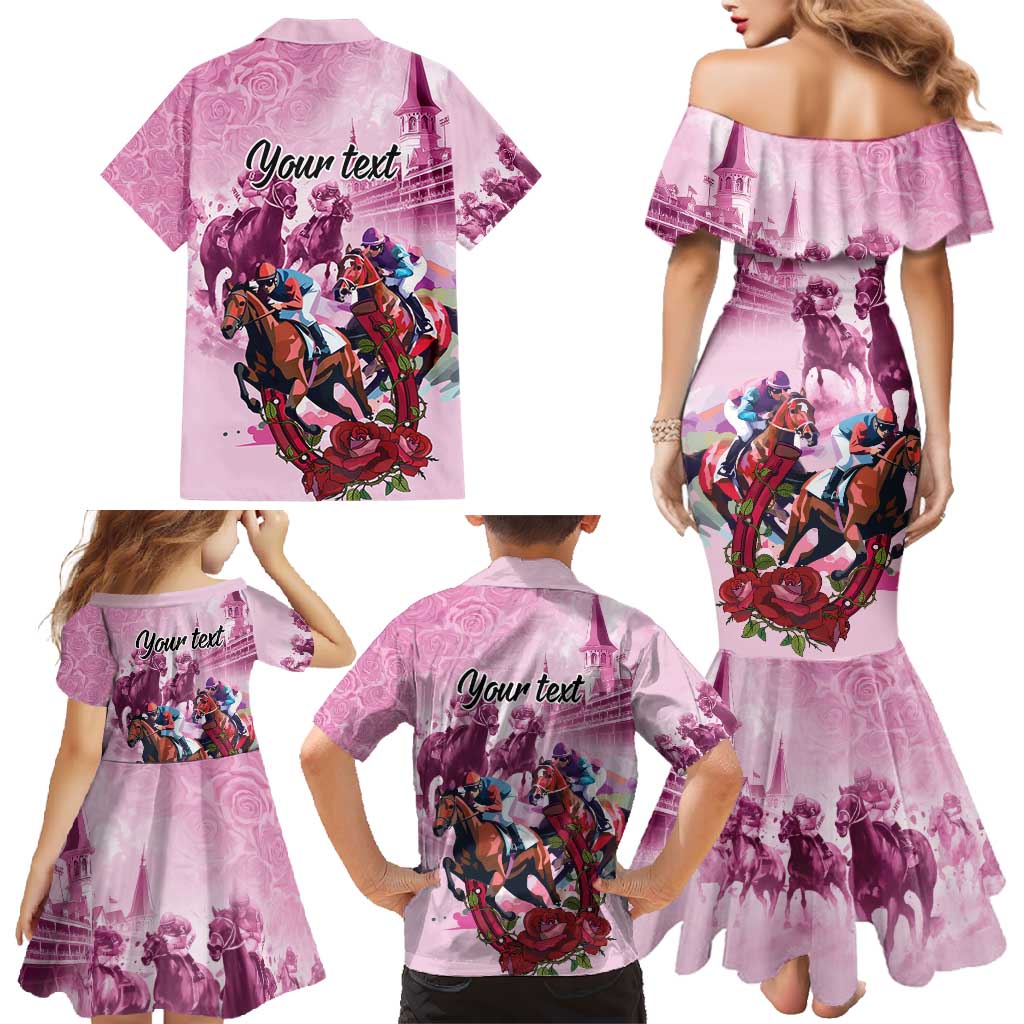Personalized Kentucky Horse Race Family Matching Mermaid Dress and Hawaiian Shirt Pink Out Party