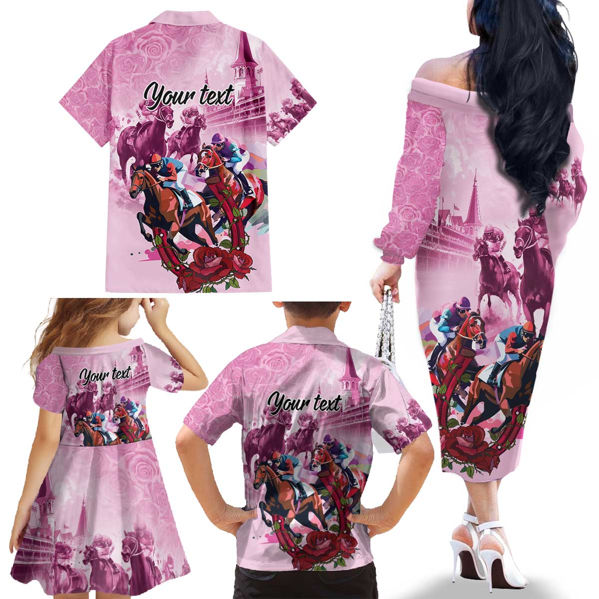 Personalized Kentucky Horse Race Family Matching Off The Shoulder Long Sleeve Dress and Hawaiian Shirt Pink Out Party