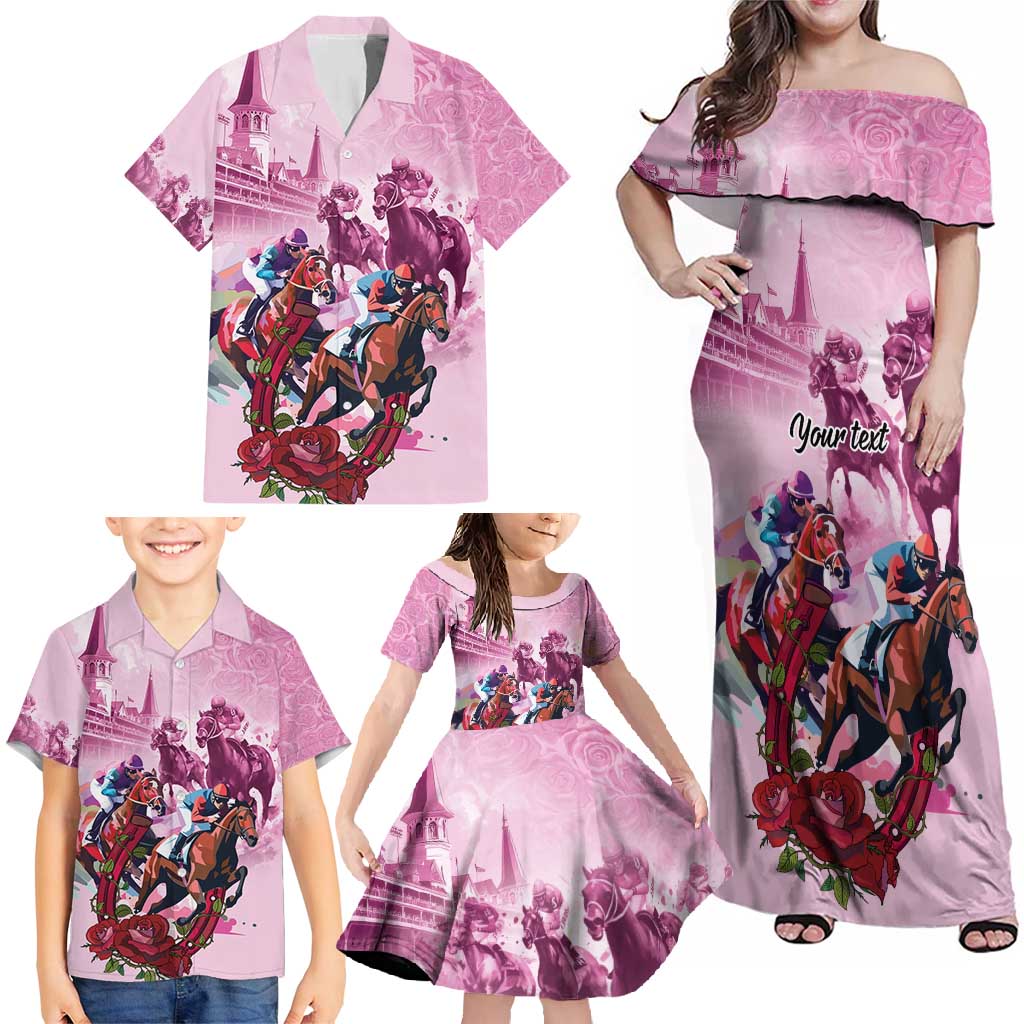 Personalized Kentucky Horse Race Family Matching Off Shoulder Maxi Dress and Hawaiian Shirt Pink Out Party