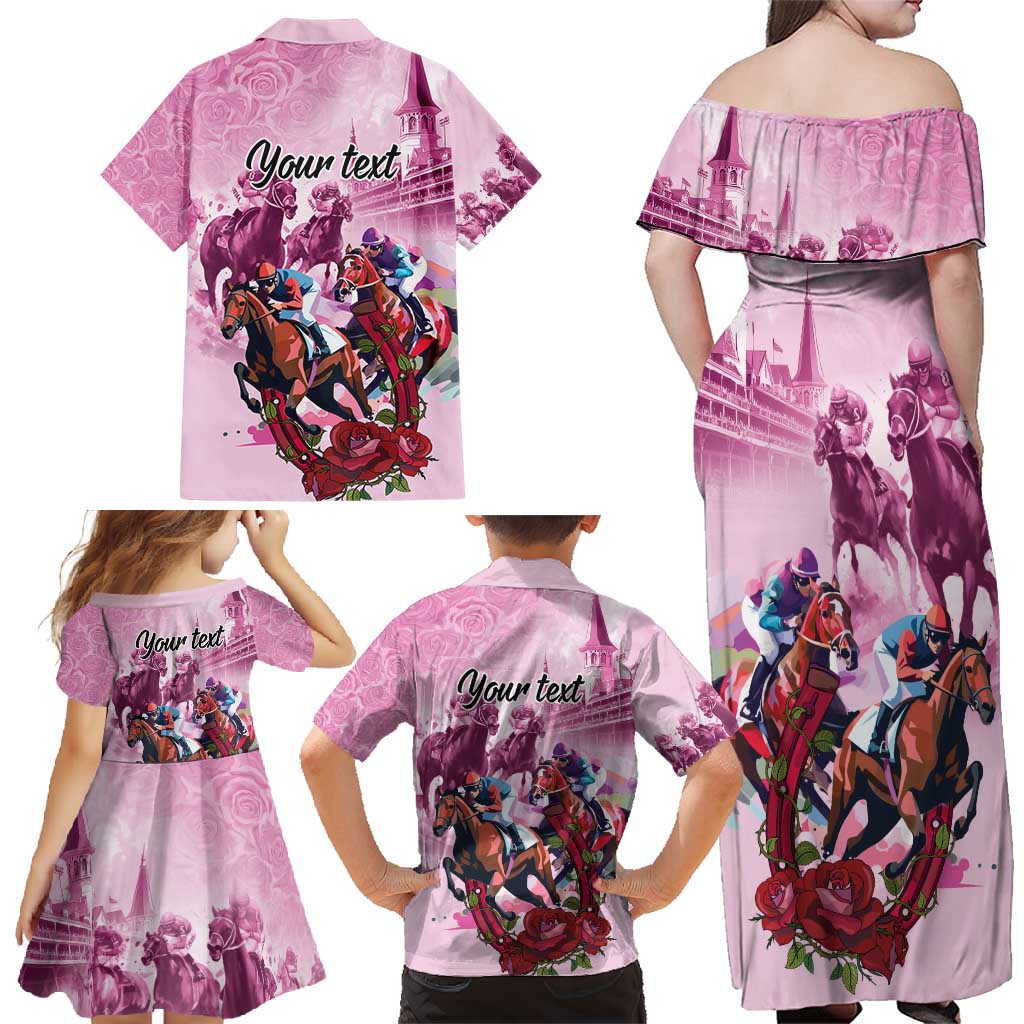 Personalized Kentucky Horse Race Family Matching Off Shoulder Maxi Dress and Hawaiian Shirt Pink Out Party