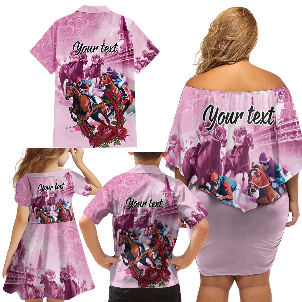 Personalized Kentucky Horse Race Family Matching Off Shoulder Short Dress and Hawaiian Shirt Pink Out Party