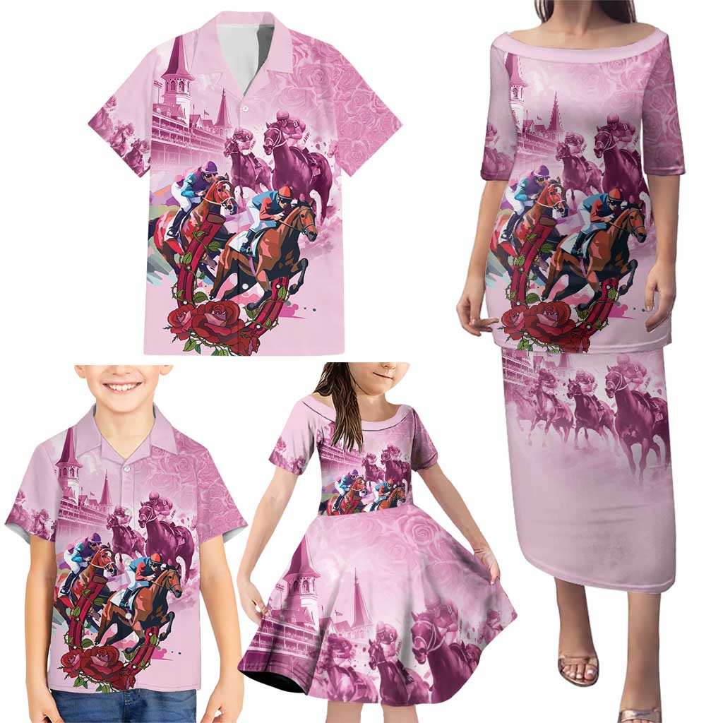 Personalized Kentucky Horse Race Family Matching Puletasi and Hawaiian Shirt Pink Out Party
