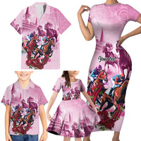 Personalized Kentucky Horse Race Family Matching Short Sleeve Bodycon Dress and Hawaiian Shirt Pink Out Party