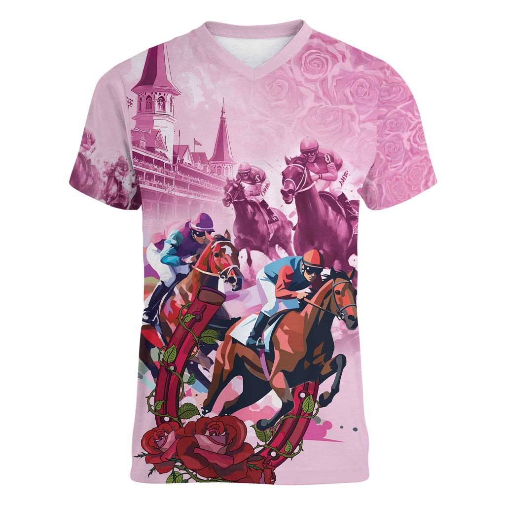 Personalized Kentucky Horse Race Women V-Neck T-Shirt Pink Out Party