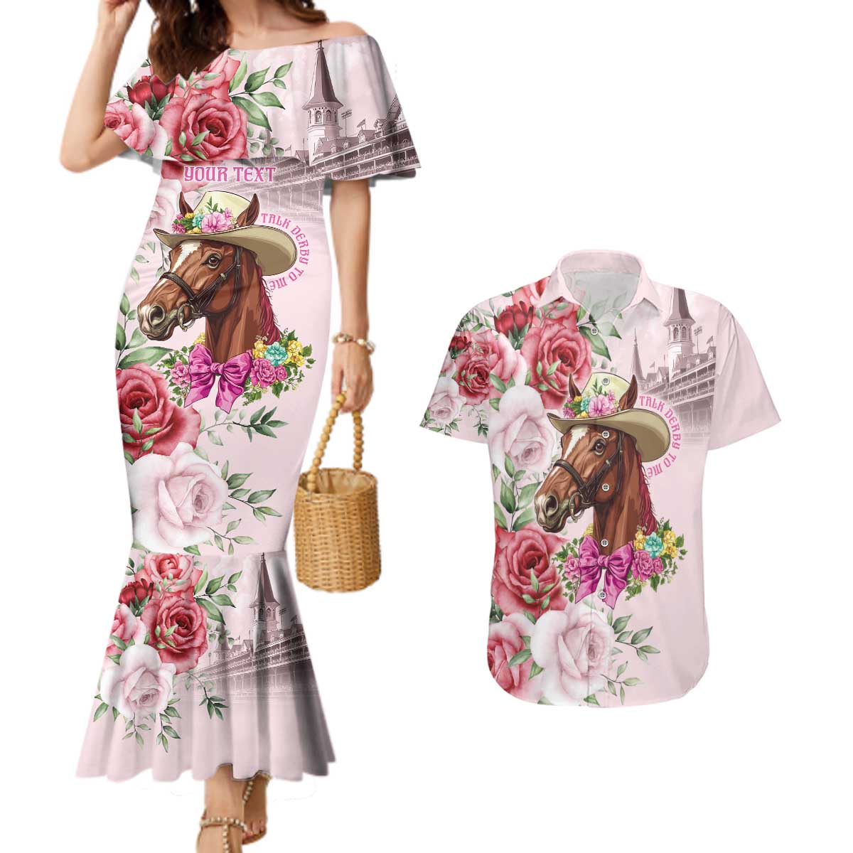 Personalized Kentucky Horse Race Couples Matching Mermaid Dress and Hawaiian Shirt Talk Derby To Me Derby Horse