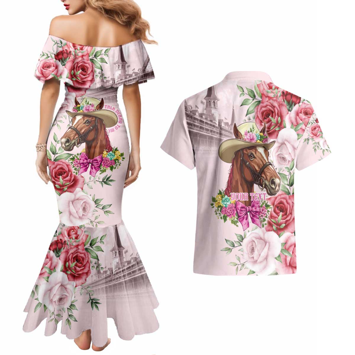 Personalized Kentucky Horse Race Couples Matching Mermaid Dress and Hawaiian Shirt Talk Derby To Me Derby Horse