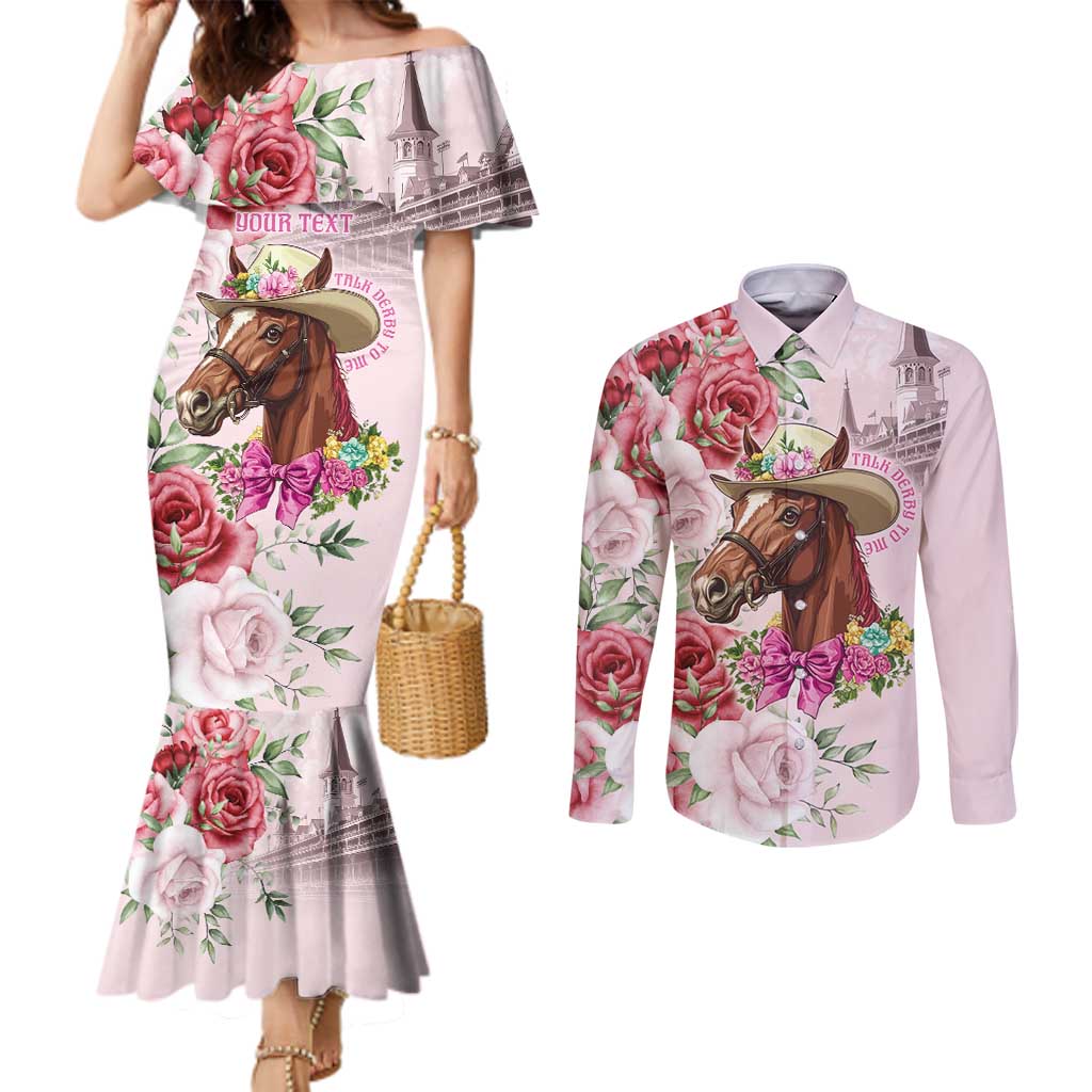 Personalized Kentucky Horse Race Couples Matching Mermaid Dress and Long Sleeve Button Shirt Talk Derby To Me Derby Horse