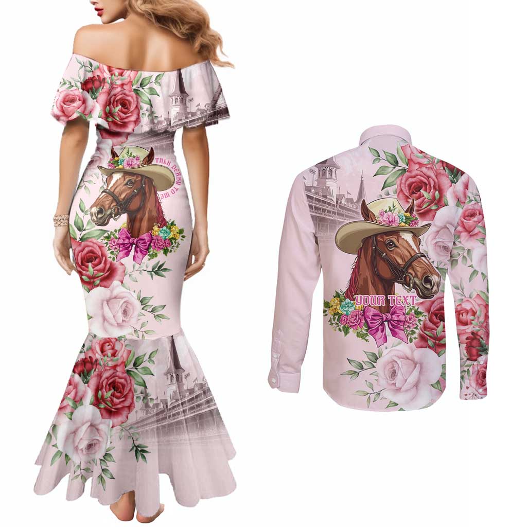 Personalized Kentucky Horse Race Couples Matching Mermaid Dress and Long Sleeve Button Shirt Talk Derby To Me Derby Horse