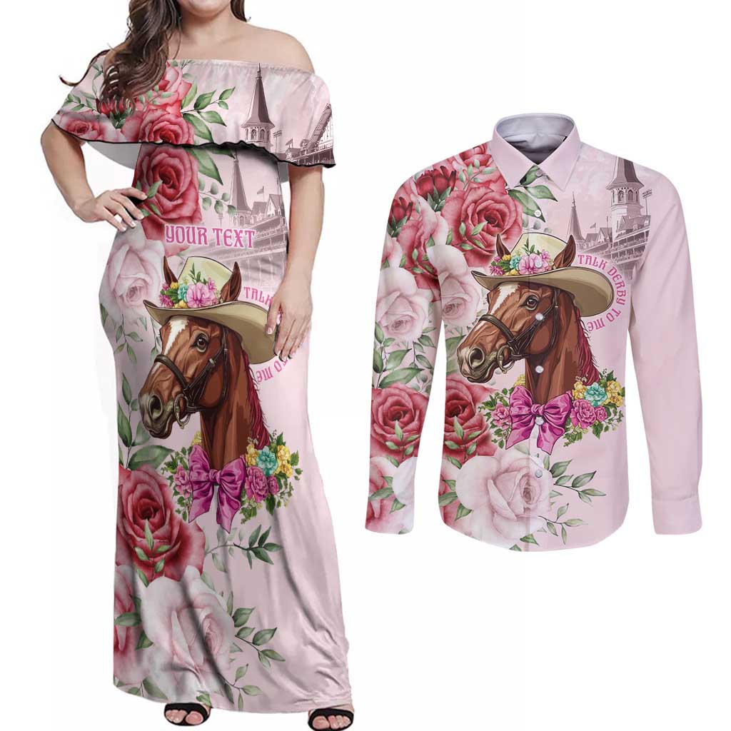Personalized Kentucky Horse Race Couples Matching Off Shoulder Maxi Dress and Long Sleeve Button Shirt Talk Derby To Me Derby Horse