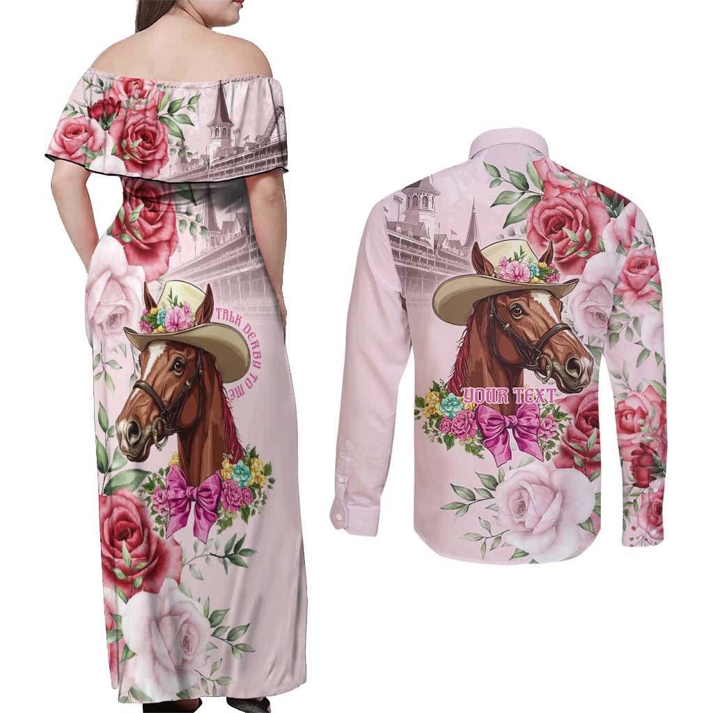 Personalized Kentucky Horse Race Couples Matching Off Shoulder Maxi Dress and Long Sleeve Button Shirt Talk Derby To Me Derby Horse