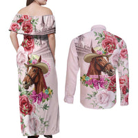 Personalized Kentucky Horse Race Couples Matching Off Shoulder Maxi Dress and Long Sleeve Button Shirt Talk Derby To Me Derby Horse