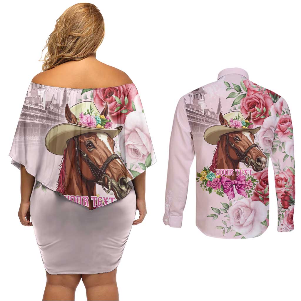 Personalized Kentucky Horse Race Couples Matching Off Shoulder Short Dress and Long Sleeve Button Shirt Talk Derby To Me Derby Horse