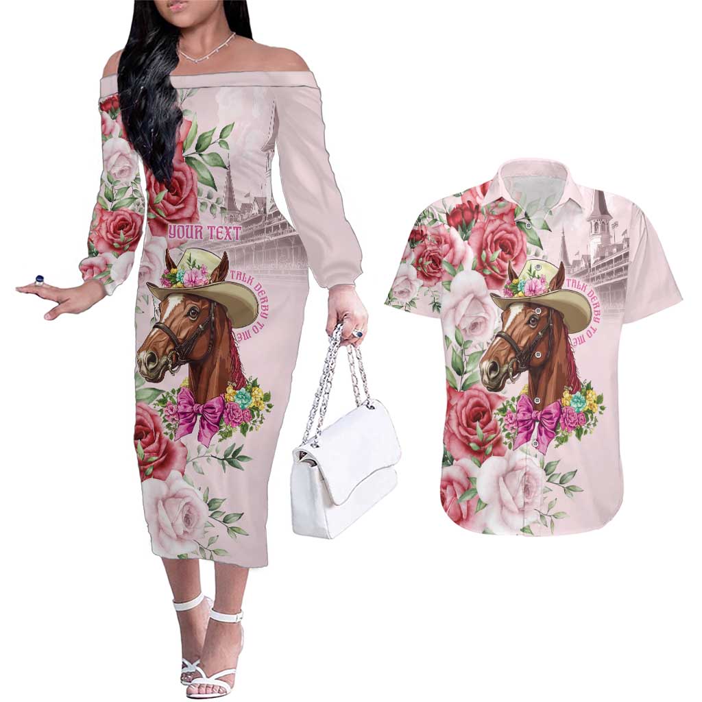 Personalized Kentucky Horse Race Couples Matching Off The Shoulder Long Sleeve Dress and Hawaiian Shirt Talk Derby To Me Derby Horse