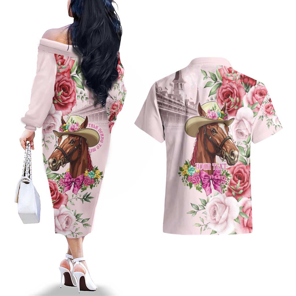 Personalized Kentucky Horse Race Couples Matching Off The Shoulder Long Sleeve Dress and Hawaiian Shirt Talk Derby To Me Derby Horse
