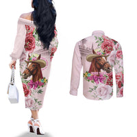 Personalized Kentucky Horse Race Couples Matching Off The Shoulder Long Sleeve Dress and Long Sleeve Button Shirt Talk Derby To Me Derby Horse