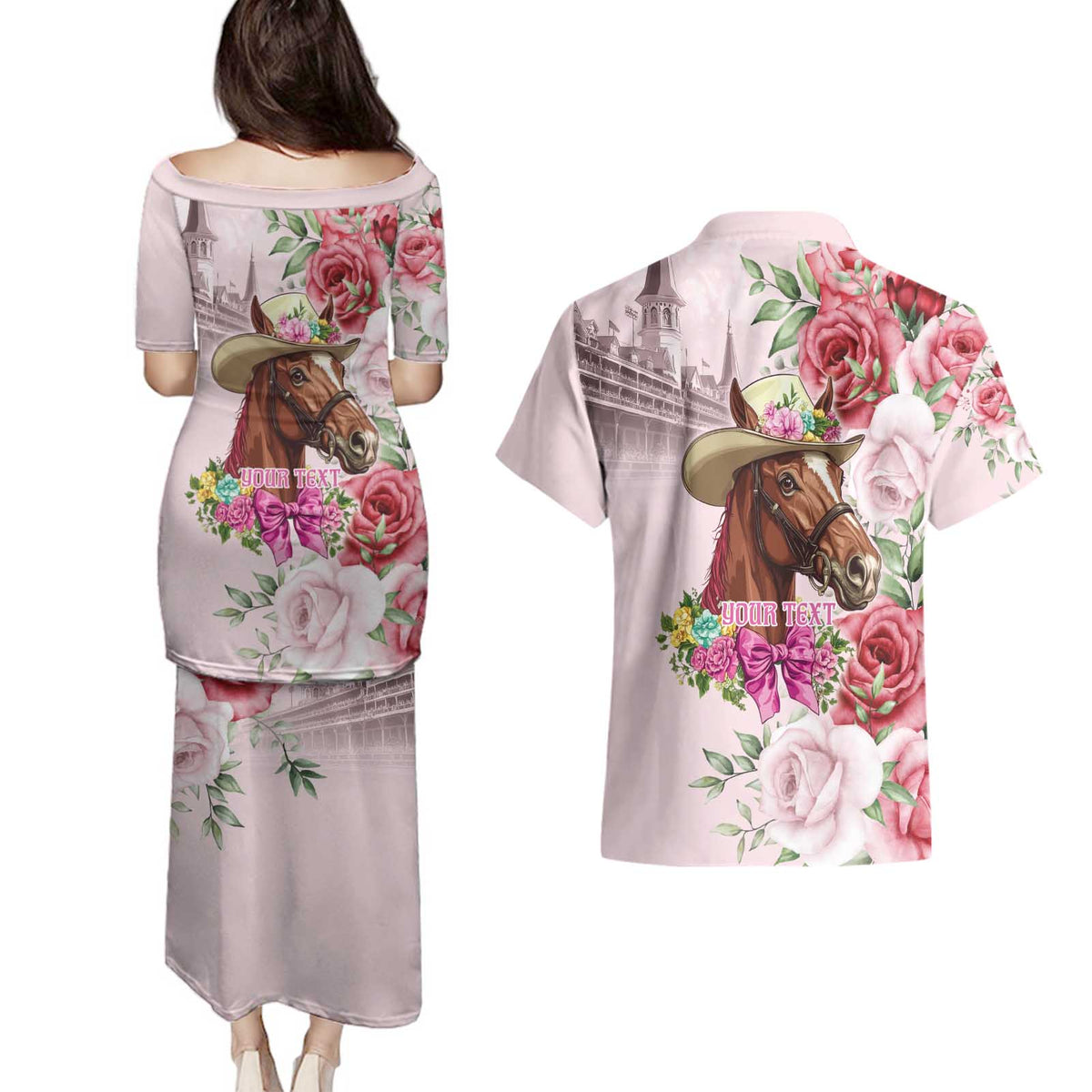 Personalized Kentucky Horse Race Couples Matching Puletasi and Hawaiian Shirt Talk Derby To Me Derby Horse